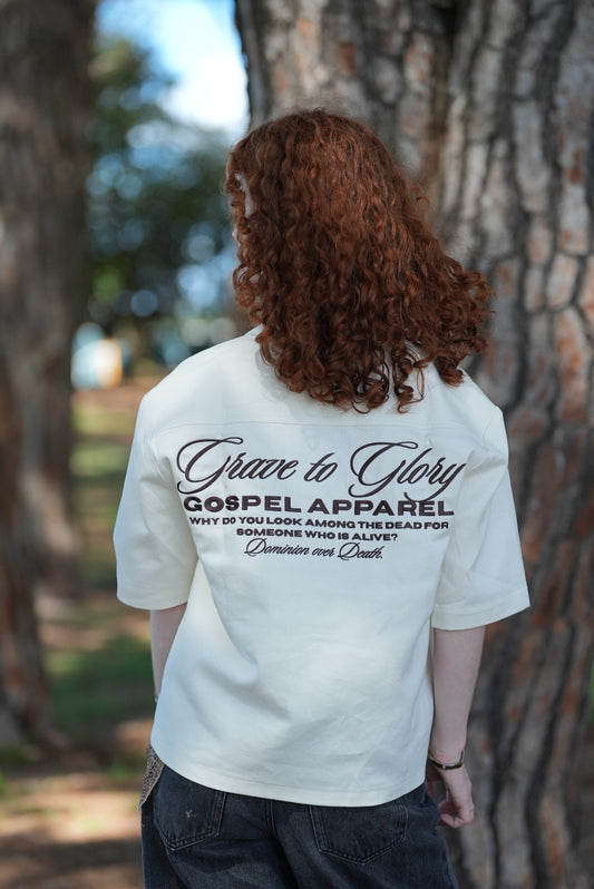 BEIGE GRAVE TO GLORY BUTTON UP