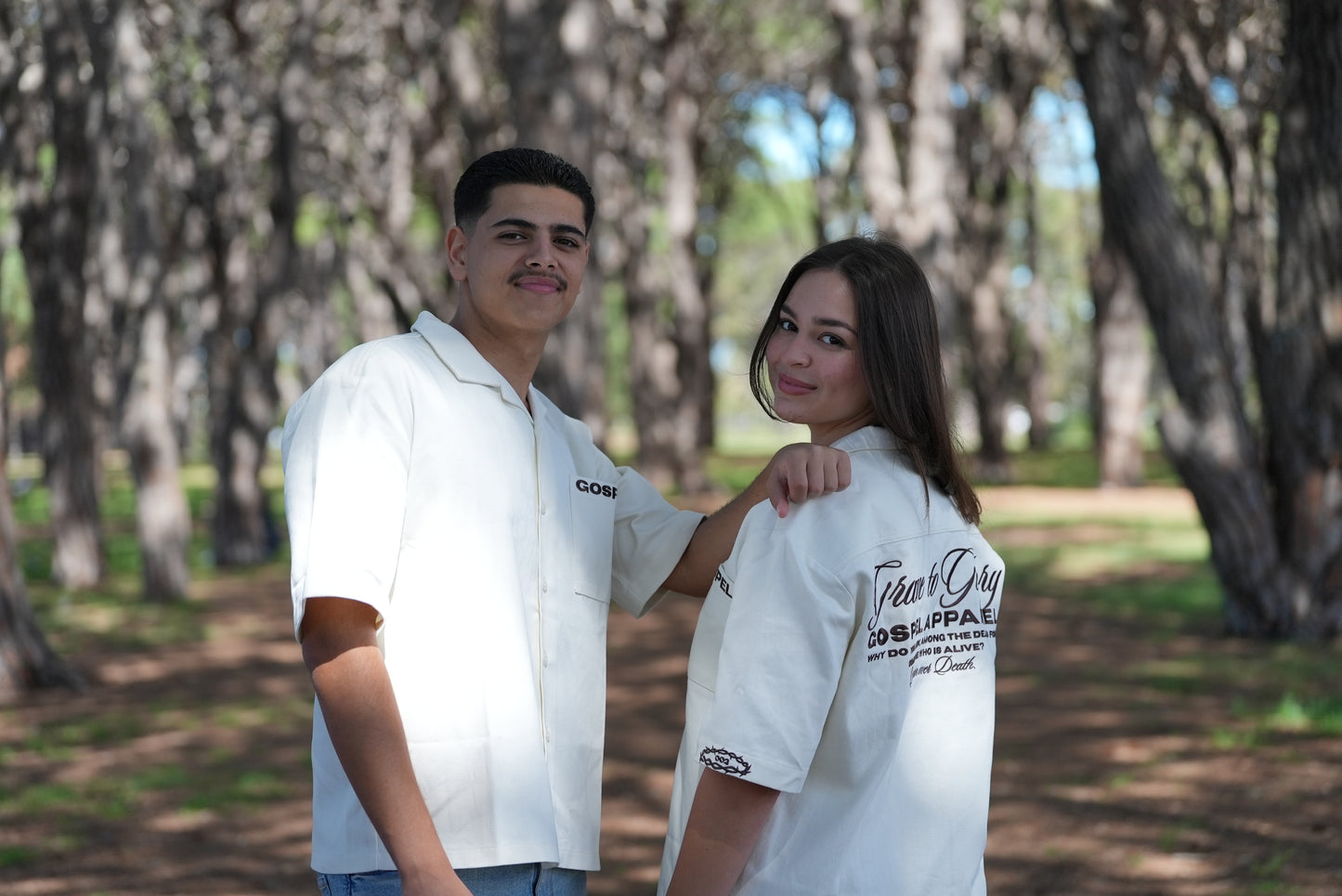 BEIGE GRAVE TO GLORY BUTTON UP