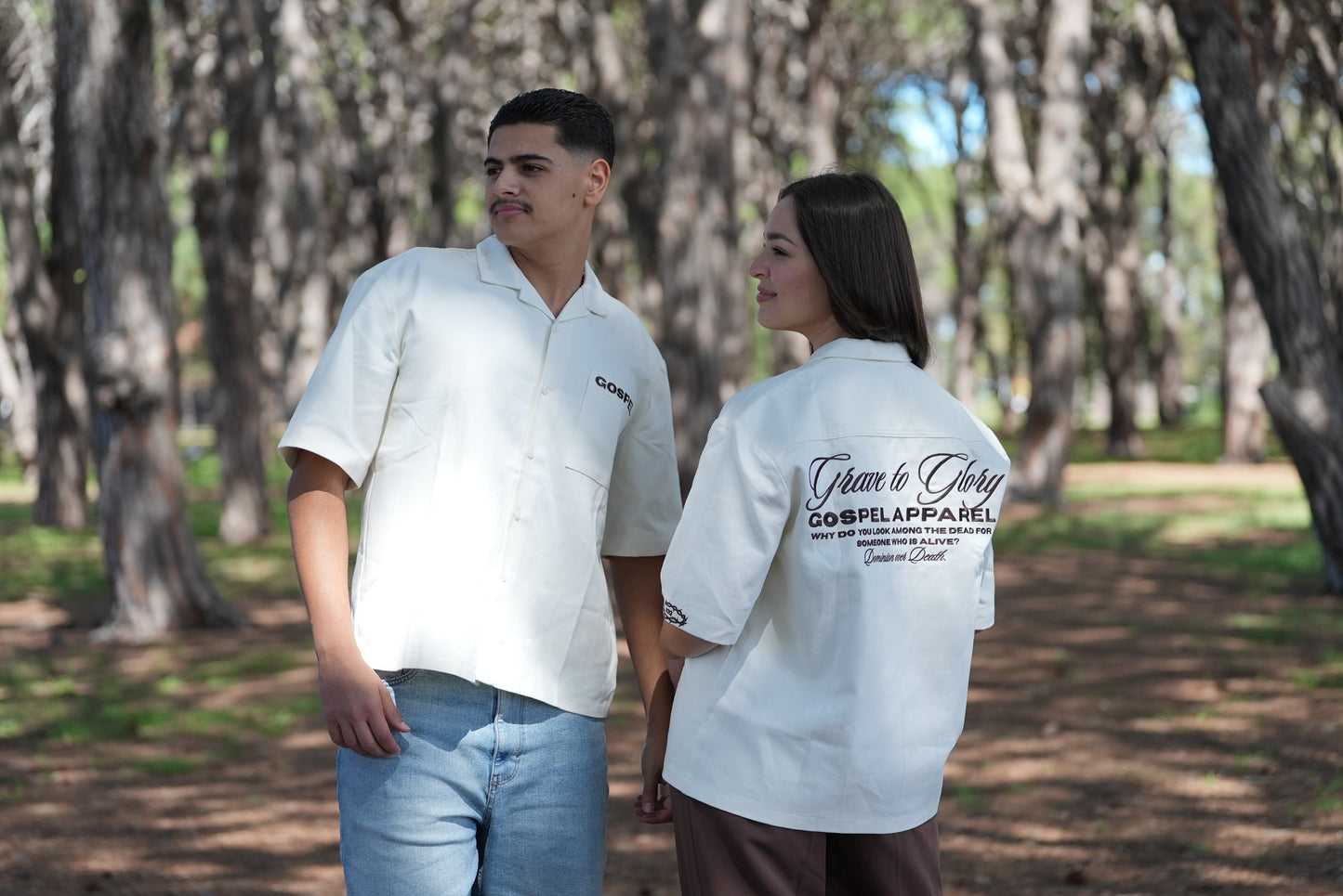 BEIGE GRAVE TO GLORY BUTTON UP