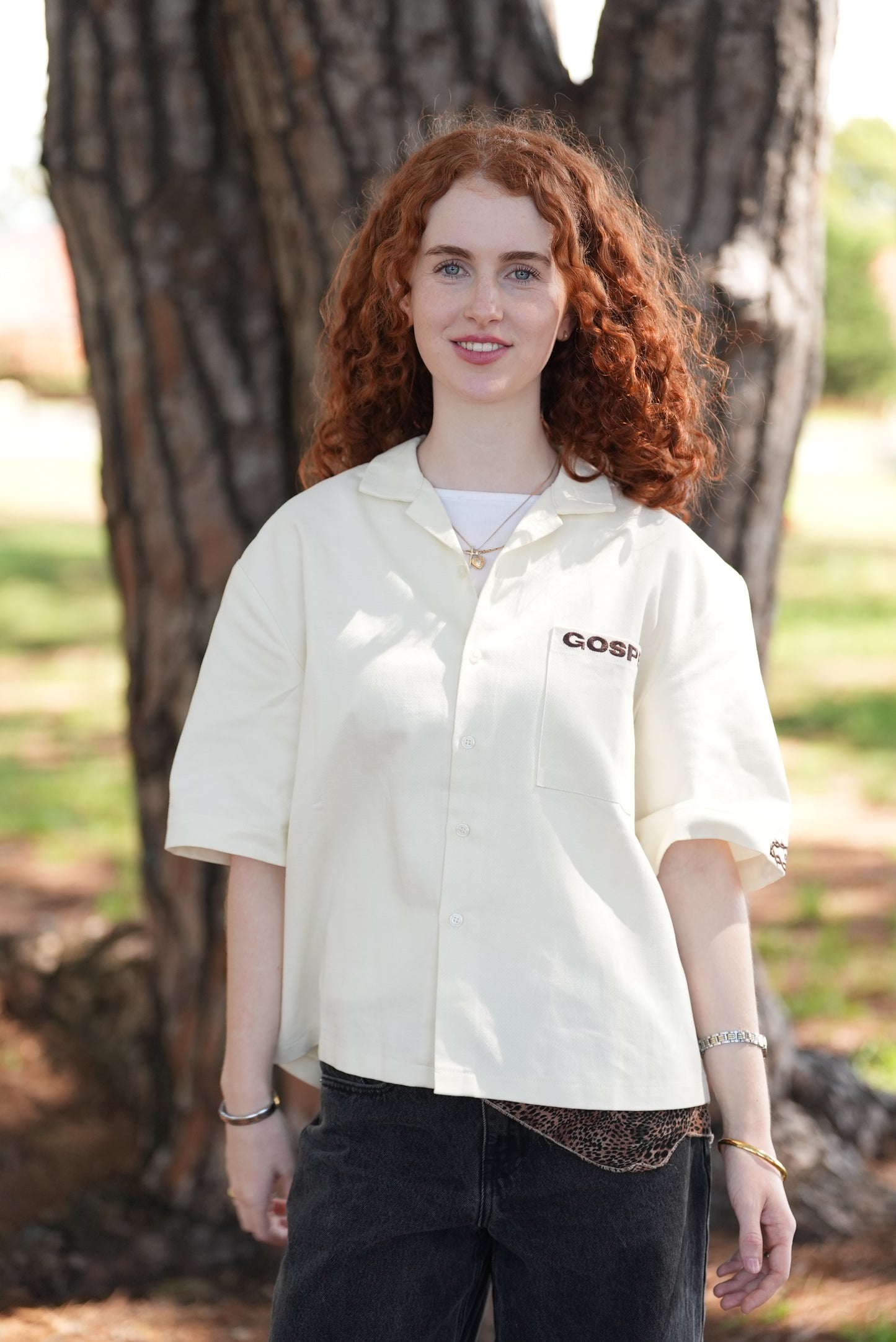 BEIGE GRAVE TO GLORY BUTTON UP