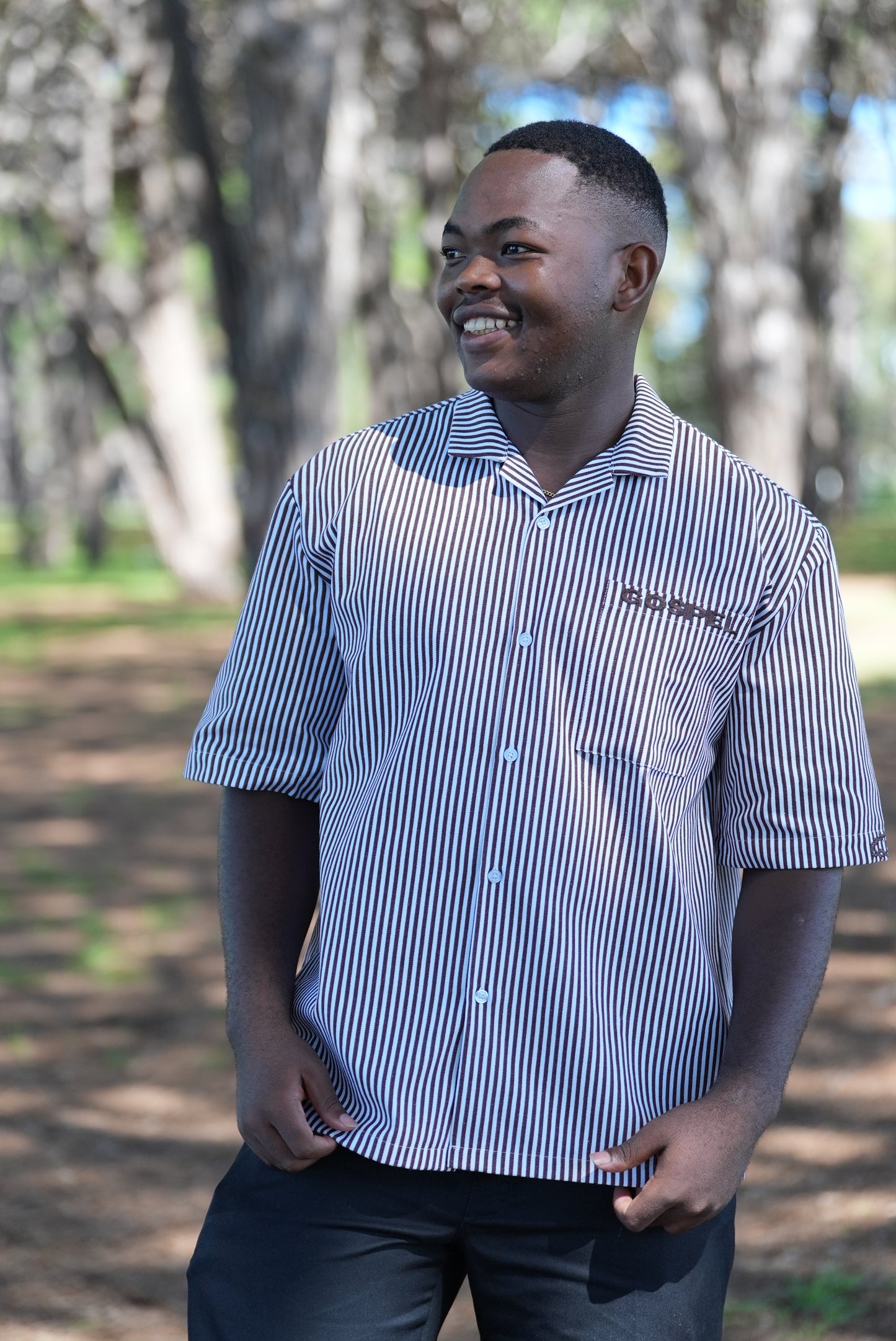 BROWN STRIPE GRAVE TO GLORY BUTTON UP