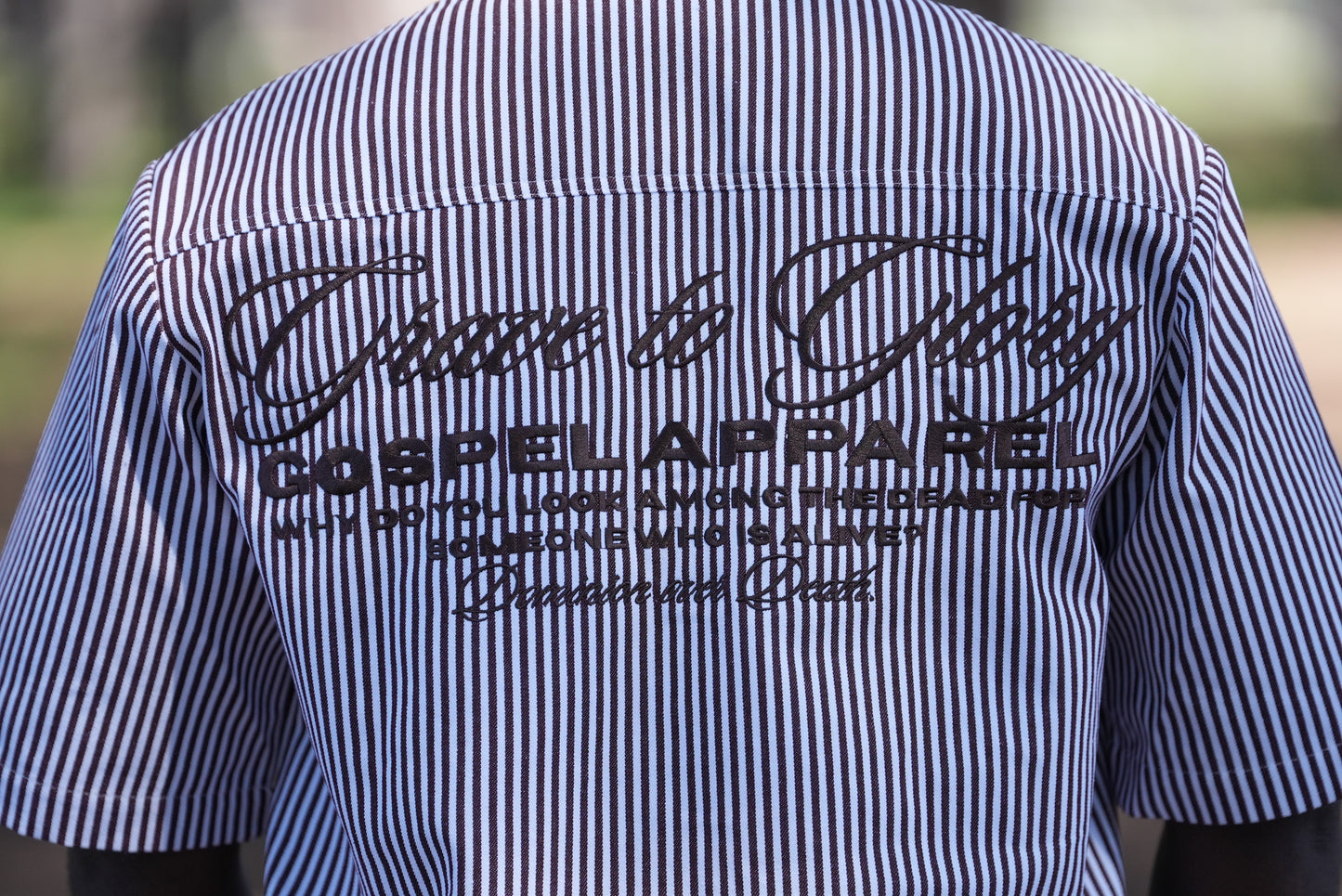 BROWN STRIPE GRAVE TO GLORY BUTTON UP