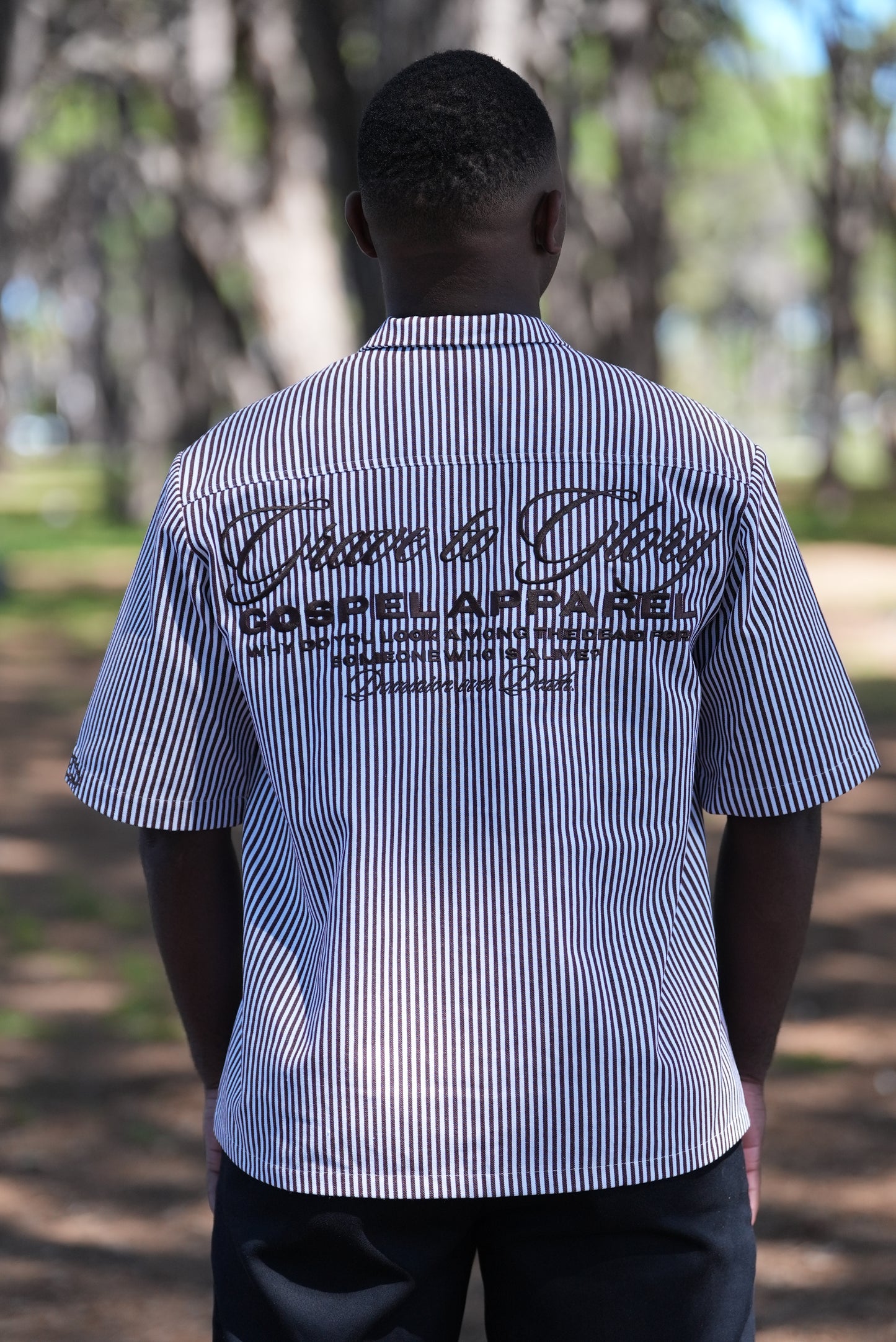 BROWN STRIPE GRAVE TO GLORY BUTTON UP